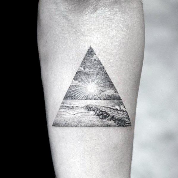 Mens Cool Quarter Sized Triangle With Ocean Beach Inner Forearm Tattoo Ideas