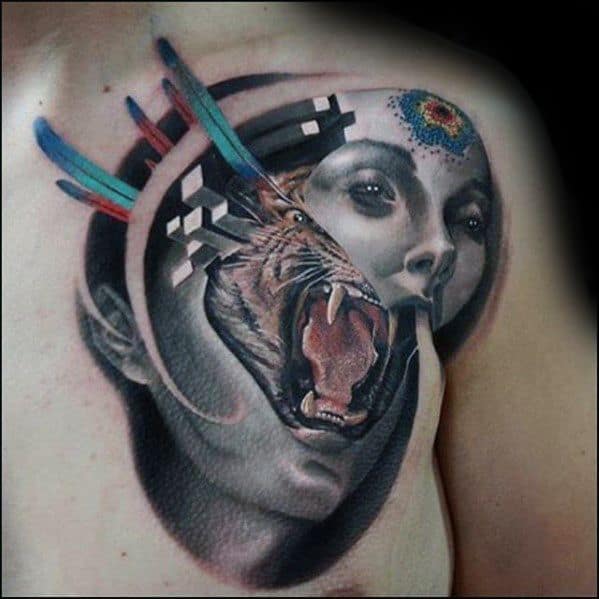 Mens Cool Rad Abstract Tiger Female Portrait Upper Chest Tattoo Ideas