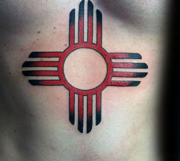 Mens Cool Red And Black Zia Chest Tattoo Ideas