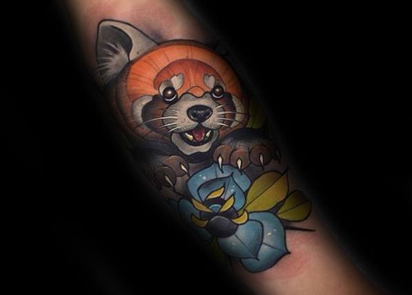 Mens Cool Red Panda Blue Rose Flower Forearm Tattoo Ideas