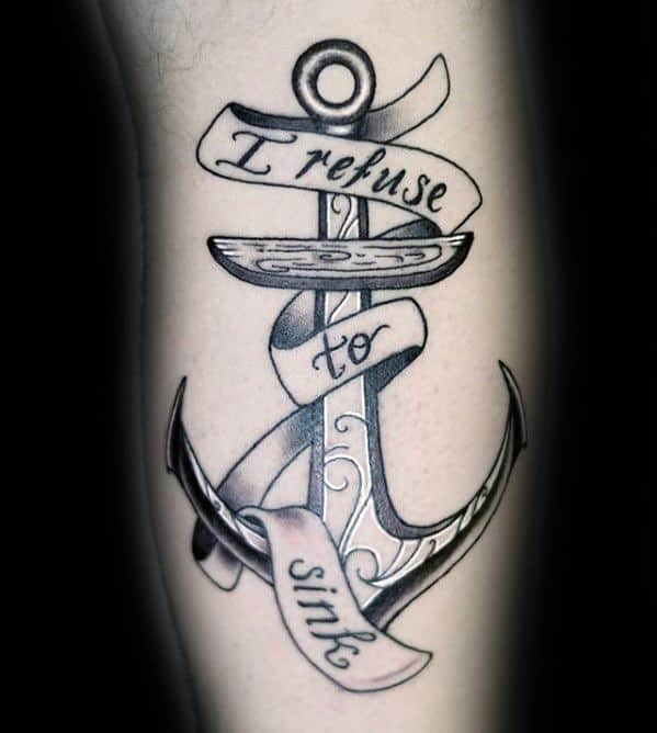 Anchor tattoo with a ribbon boldly declaring, "Refuse To Sink