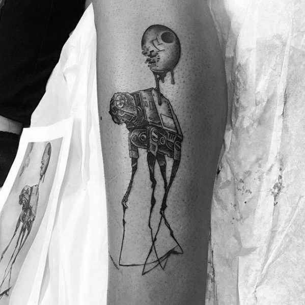 Surreal Salvador Dali-style tattoo of a mechanical elephant with long, thin legs and a melting moon-like sphere for a head, inked on the leg.