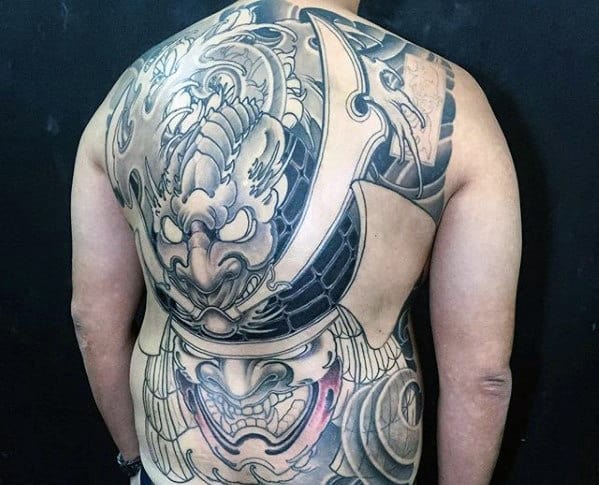 Mens Cool Samuari Helmet Back Tattoo With Japanese Design