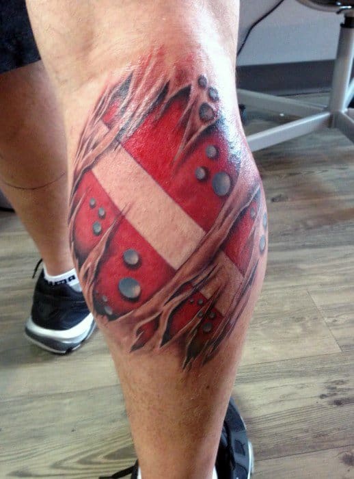 3D torn-skin tattoo on calf revealing a red and white diver down flag with realistic water bubbles and muscle-like shading.