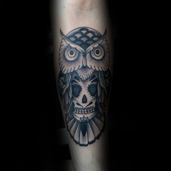 Mens Cool Shaded Black And Grey Ink Owl With Skull Traditional Tattoo Design Ideas