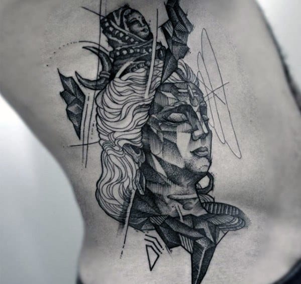 Abstract geometric tattoo of Lord Shiva on the side torso, featuring bold linework, angular shading, and modern artistic elements blended with divine symbolism.