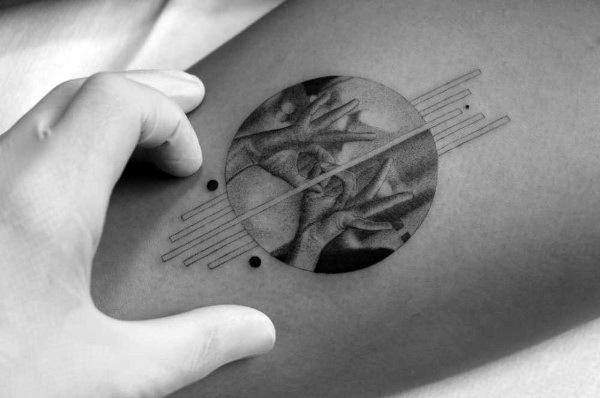 geometric black and grey tattoo of hands signing inside a circular design, intersected by lines and dots for a modern and artistic look