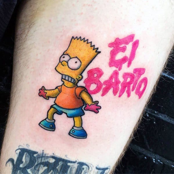 Colorful tattoo of Bart Simpson with 'El Barto' graffiti-style text, referencing his rebellious alter ego from The Simpsons.