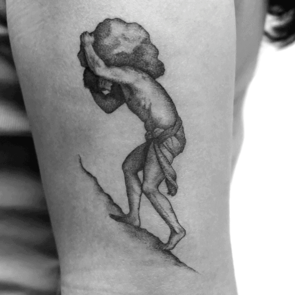 Simple black and grey Sisyphus tattoo showing the mythic figure pushing a large boulder uphill with fine shading and clean lines.