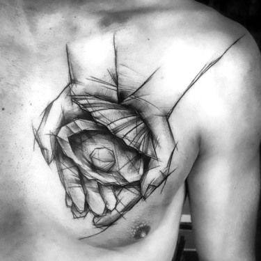 Abstract chest tattoo of a hand holding an open clam with a pearl, designed in a sketch-style with bold lines and artistic shading.