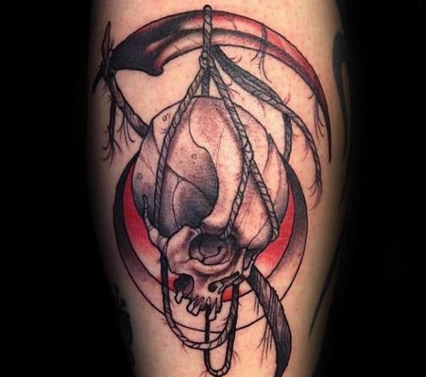 Mens Cool Skull Rope And Scythe Tattoo Ideas On Leg