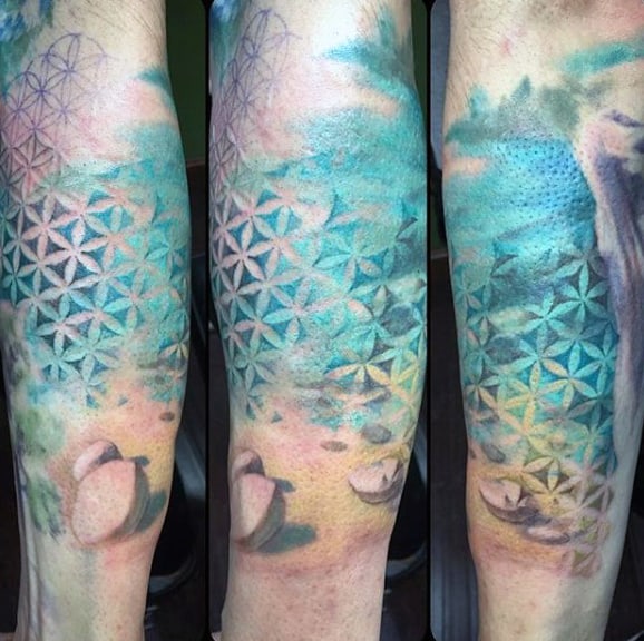 Mens Cool Sky And Sand Flower Of Life Watercolor Leg Tattoo