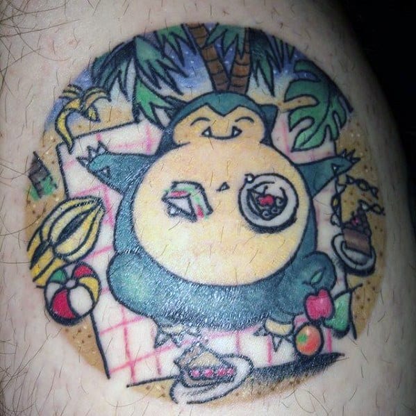 Snorlax tattoo enjoying a beach picnic, surrounded by fruit, coffee, and tropical scenery with a relaxed and cheerful vibe.