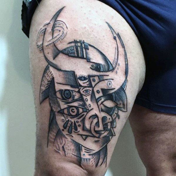 Thigh tattoo of a Picasso-inspired bull, featuring abstract geometric shapes, layered eyes, and bold linework in a modern cubist style.
