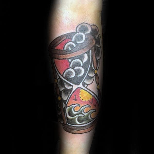 Mens Cool Traditional Hourglass Clouds With Ocean Waves Forearm Tattoo Design