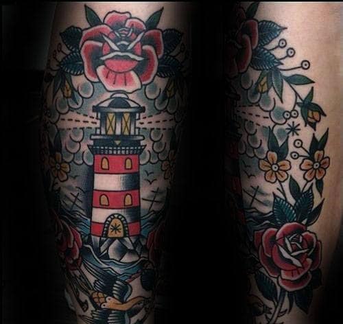 Mens Cool Traditional Lighthouse With Filler Mens Arm Tattoos