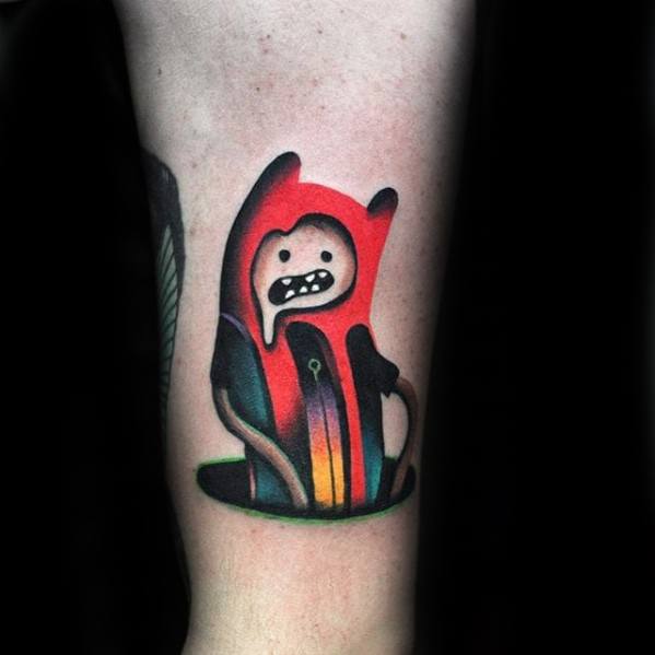 Colorful cartoon-style tattoo of a character resembling Finn from *Adventure Time* wearing a red hood, emerging from a rainbow portal.