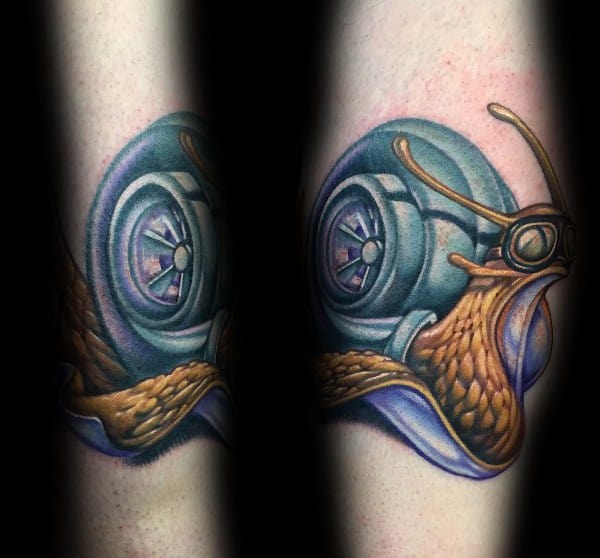 Colorful turbo snail tattoo with vibrant shading, featuring a detailed snail wearing goggles and a turbocharger shell, symbolizing speed and humor.