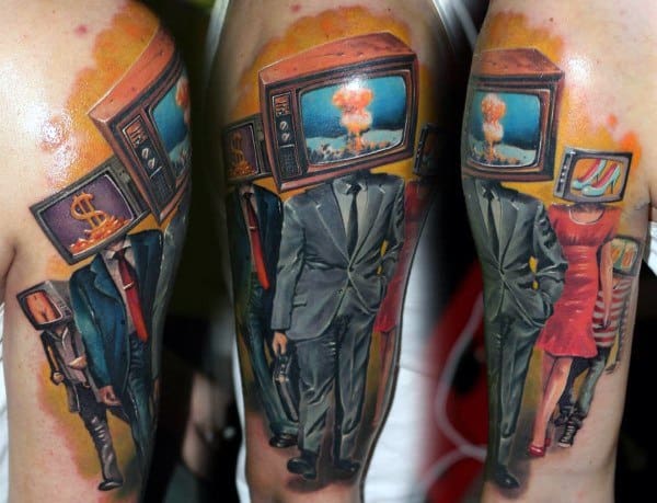 Tattoo of suited figures with vintage TVs for heads, each displaying different images like explosions, money, and abstract visuals in a surreal, dystopian style.