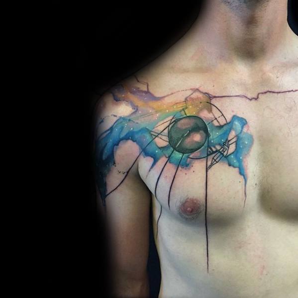 Mens Cool Watercolor Chest Satellite Tattoo Ideas