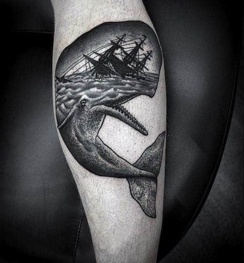 Black and grey tattoo of a whale with an open mouth revealing a stormy sea and a sinking ship inside, blending surrealism with nautical art.