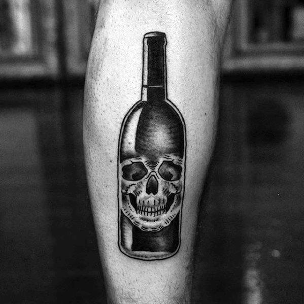 Mens Cool Wine Skull Bottle Leg Tattoo Ideas