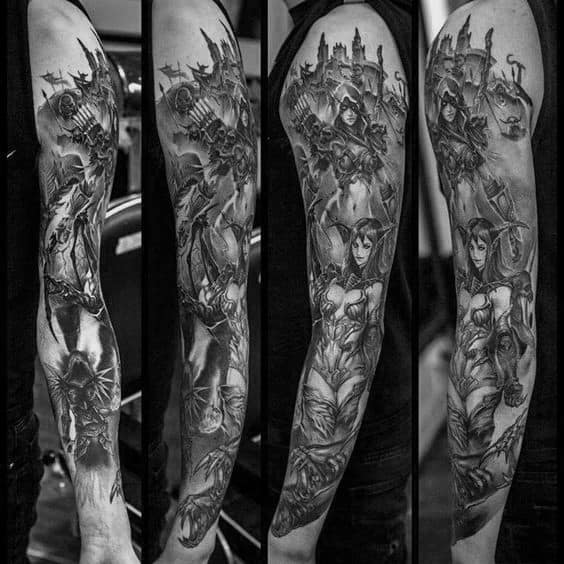 Full-sleeve black and grey tattoo featuring detailed World of Warcraft characters, armor, and a castle backdrop, inked with a realistic style.