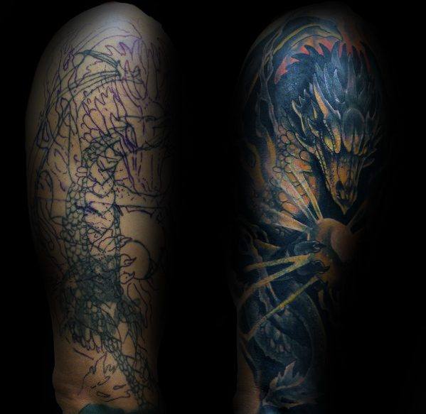 Mens Cover Up Before And After Dragon Sleeve Tattoos
