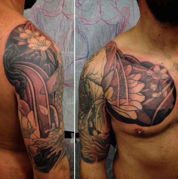 Mens Cover Up Lotus Flower Tattoo Half Sleeve