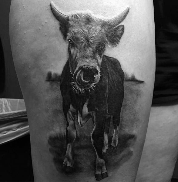 Realistic black and grey tattoo of a walking cow with its tongue curled, captured mid-step with lifelike shading and motion.