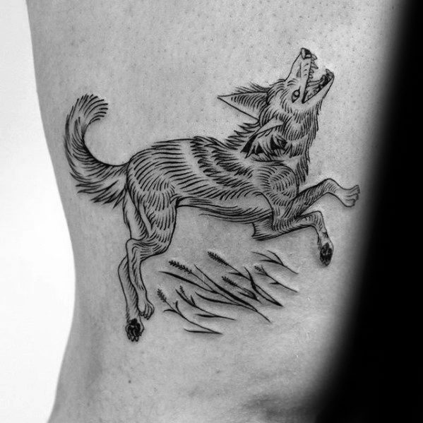 Mens Coyote Tattoo Ideas On Thigh Of Legs