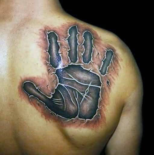 Mens Cracked Stone Handprint Tattoo On Shoulder Blade