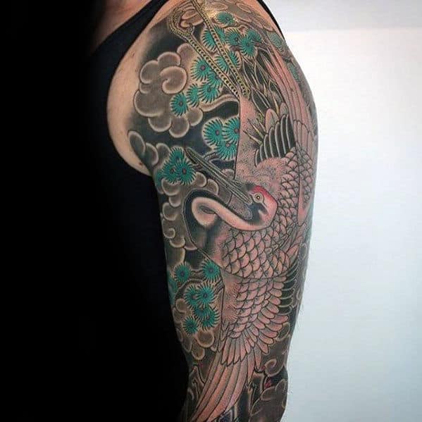 Mens Crane Japanese Sleeve Tattoo Ideas