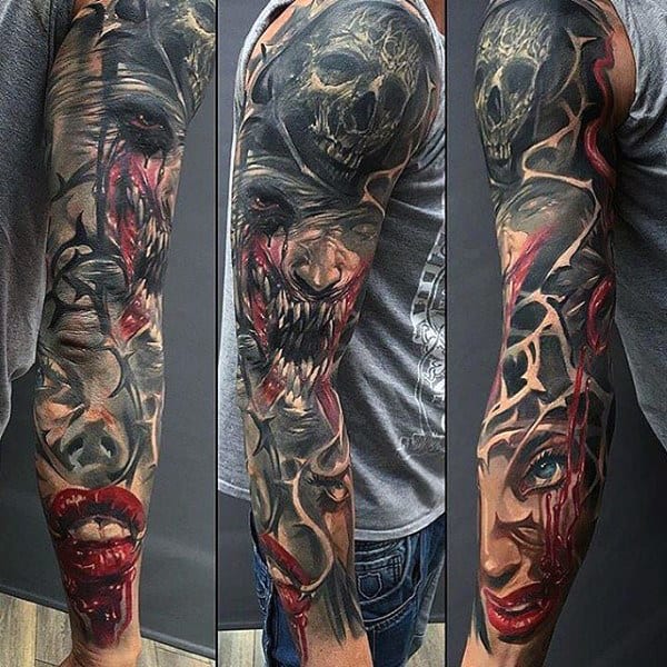 Mens Crazy Full Sleeve Skull And Female Portrait Tattoo Design