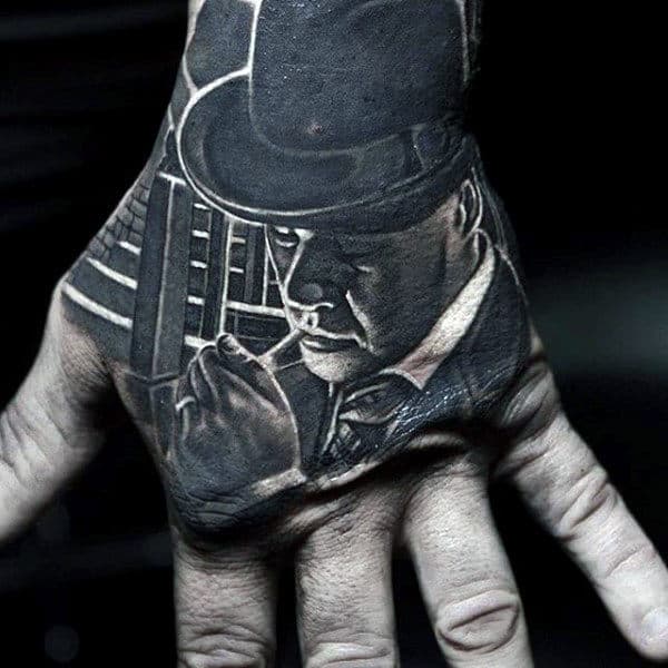Mens Crazy Realistic Mobster Hand Tattoo Design With Shaded Ink