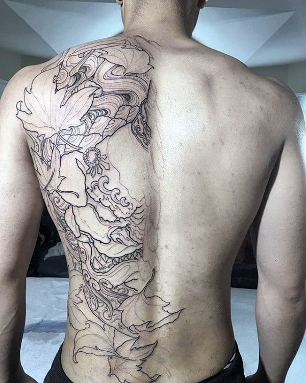 Mens Creative Half Back Black Ink Outline Leaves With Mask Tattoo