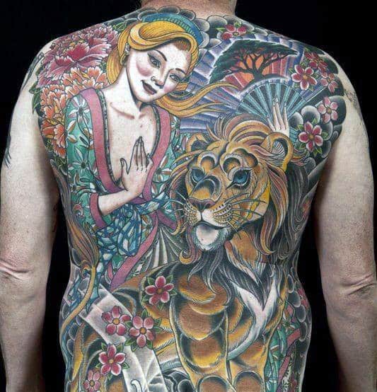 Mens Creative Lion Back Tattoo Designs