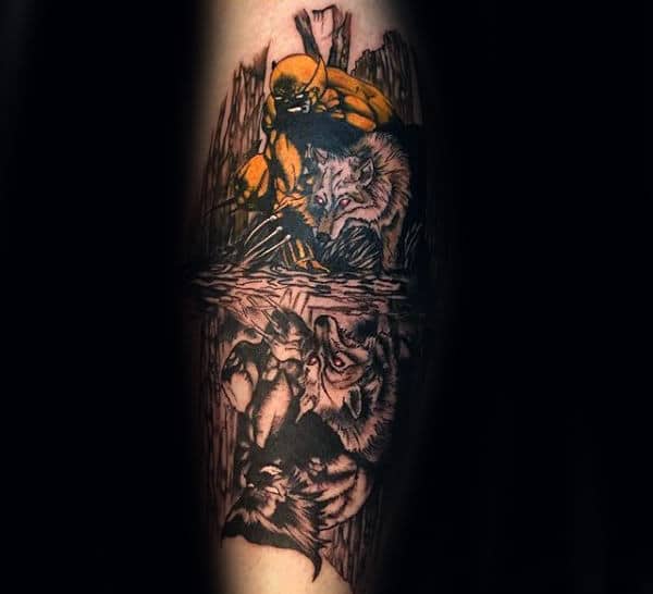Mens Creative Wolverine With Wolves Forerm Sleeve Tattoo