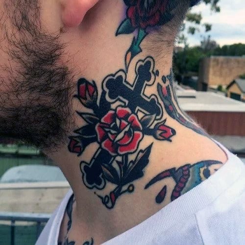 Mens Cross With Red Rose Flowers Traditional Neck Tattoo Ideas