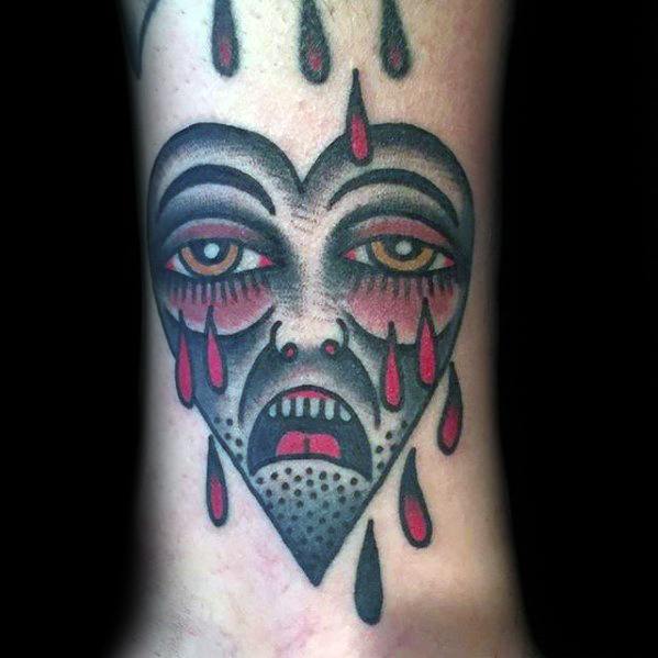 Mens Crying Heart Lower Leg Traditional Old School Tattoo Design Ideas