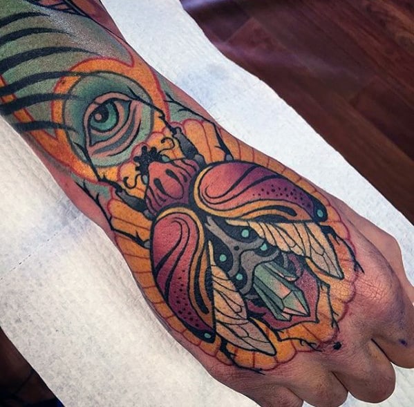 Mens Crystal Neo Traditional Hand And Forearm Tattoos