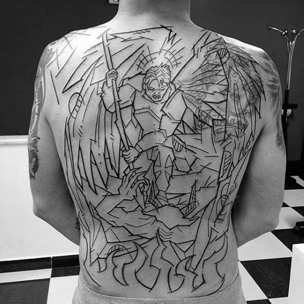 Large Cubist-style back tattoo in black linework depicting a warrior with a spear battling abstract figures, surrounded by chaotic geometric shapes.