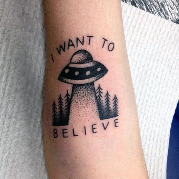 Mens Cute Grey Ufo Tattoo On Forearms