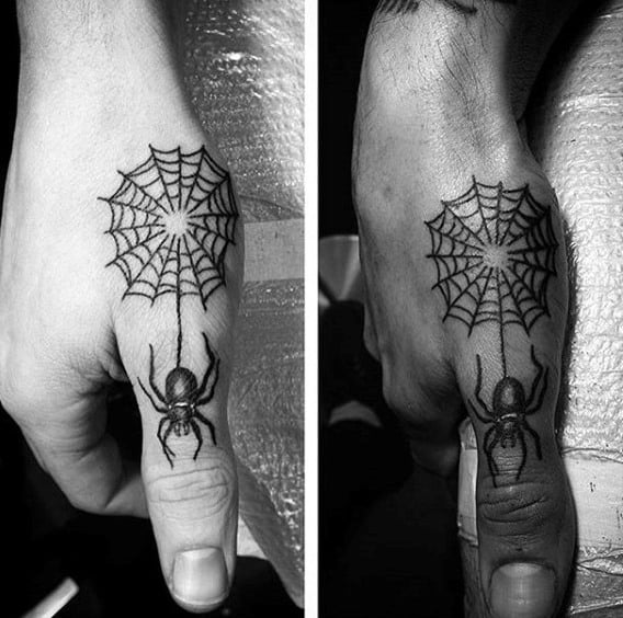 Mens Cute Spider And Web Tattoo On Thumb