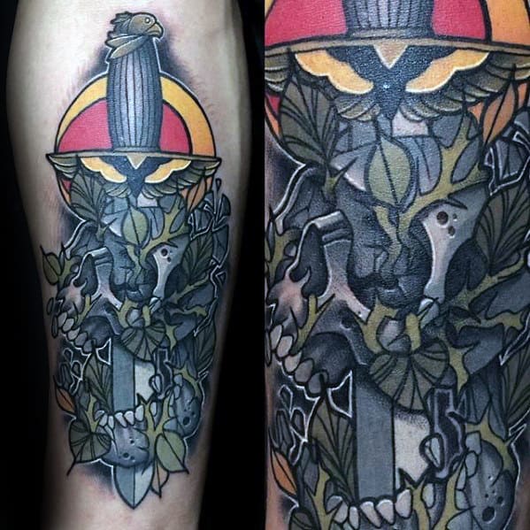 Mens Dagger With Skull And Thorns Unique Inner Forearm Tattoos