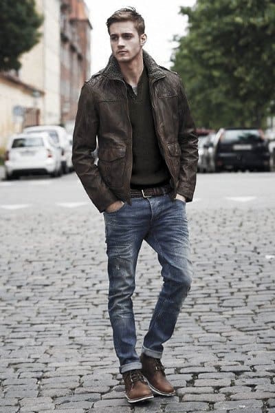 Mens Dapper Fall Outfits Style Ideas Brown Leather Jacket With Jeans And Brown Shoes
