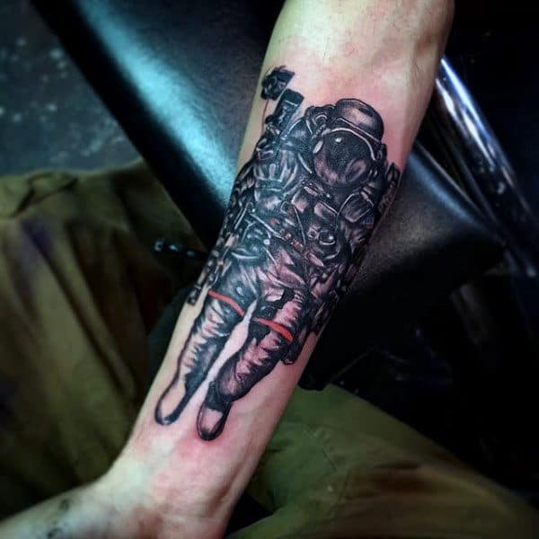 Mens Dark Astronaut With Red Bands Tattoo On Forearms