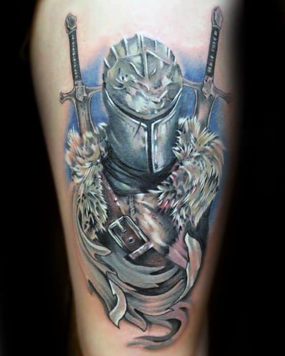 Dark Souls tattoo of a knight helmet with fur-lined armor and crossed swords, detailed in bold colors and fantasy realism.