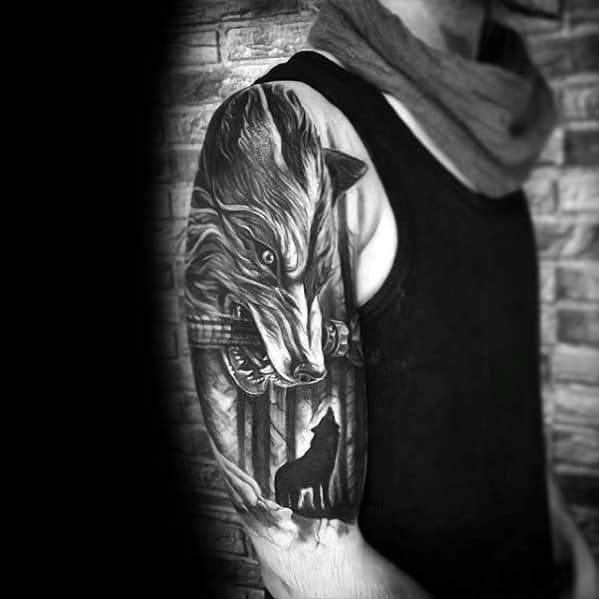 Striking black and grey tattoo of Sif the Great Grey Wolf from Dark Souls, with a sword in its mouth and howling silhouette below.