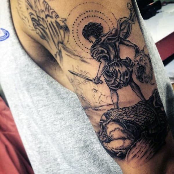 Mens David And Goliath Arm Tattoo Deisgns